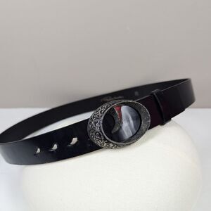 Roberto Cavalli Snake Tooth-Buckle Leather Belt • Italian Designer Black Silver